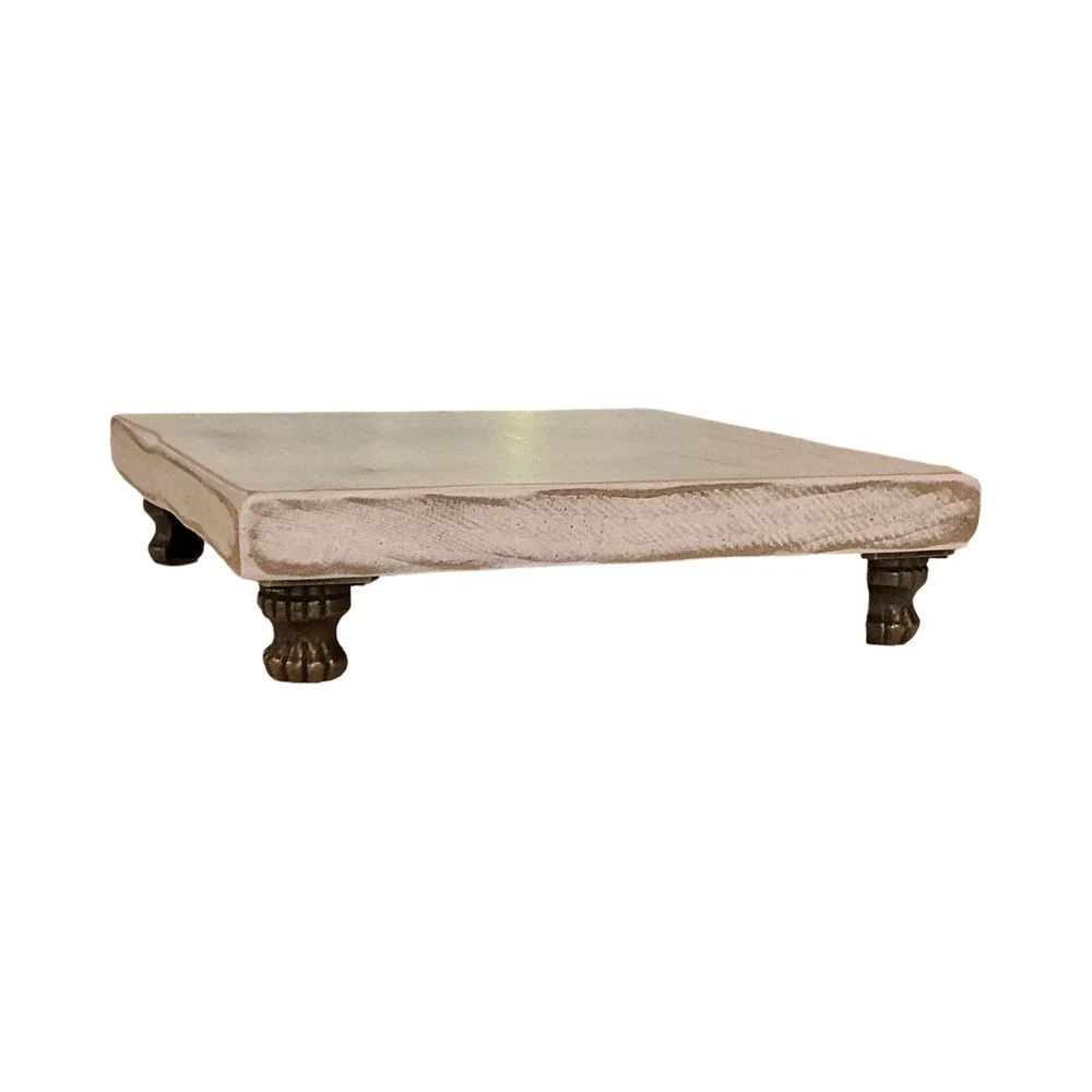 Handmade Wood Riser 7x7 Distressed White Farmhouse Pedestal Stand Metal Feet